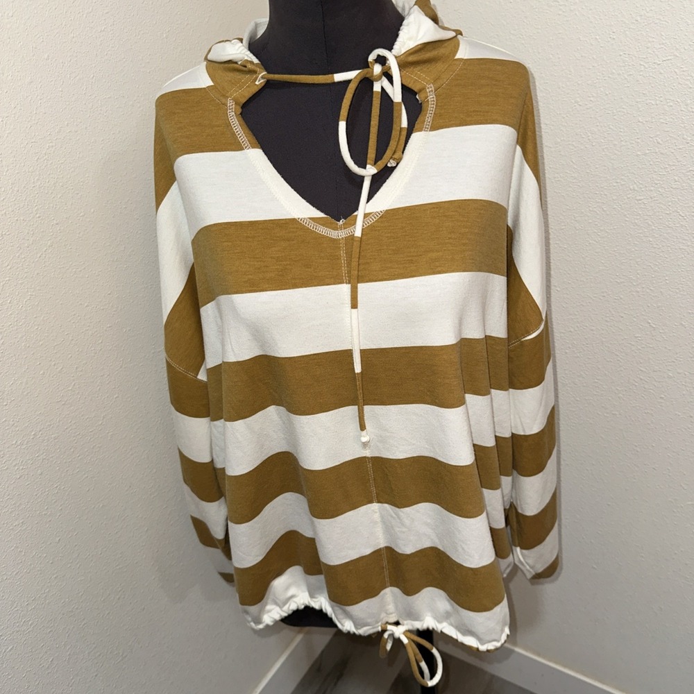 Aerie Women's Small Striped Hoodie Mustard Yellow White Long Sleeve Size L